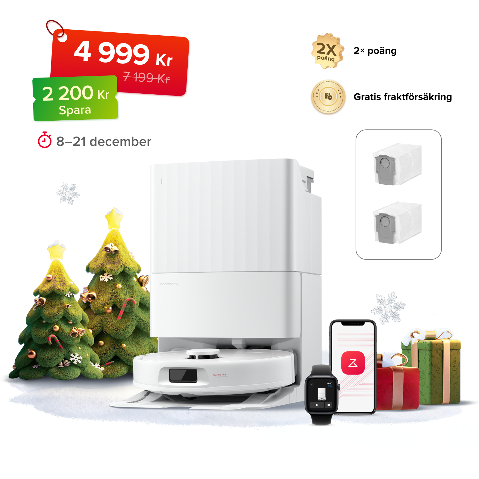 Roborock QV 35A robotdammsugare-set med multifunktionell dockningsstation (inkluderar 2 extra dammpåsar)