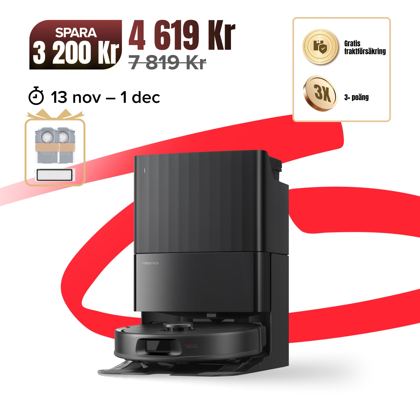 Roborock QV 35S robotdammsugare med multifunktionell dockningsstation (inkluderar 2 extra dammpåsar och 1 extra filter)