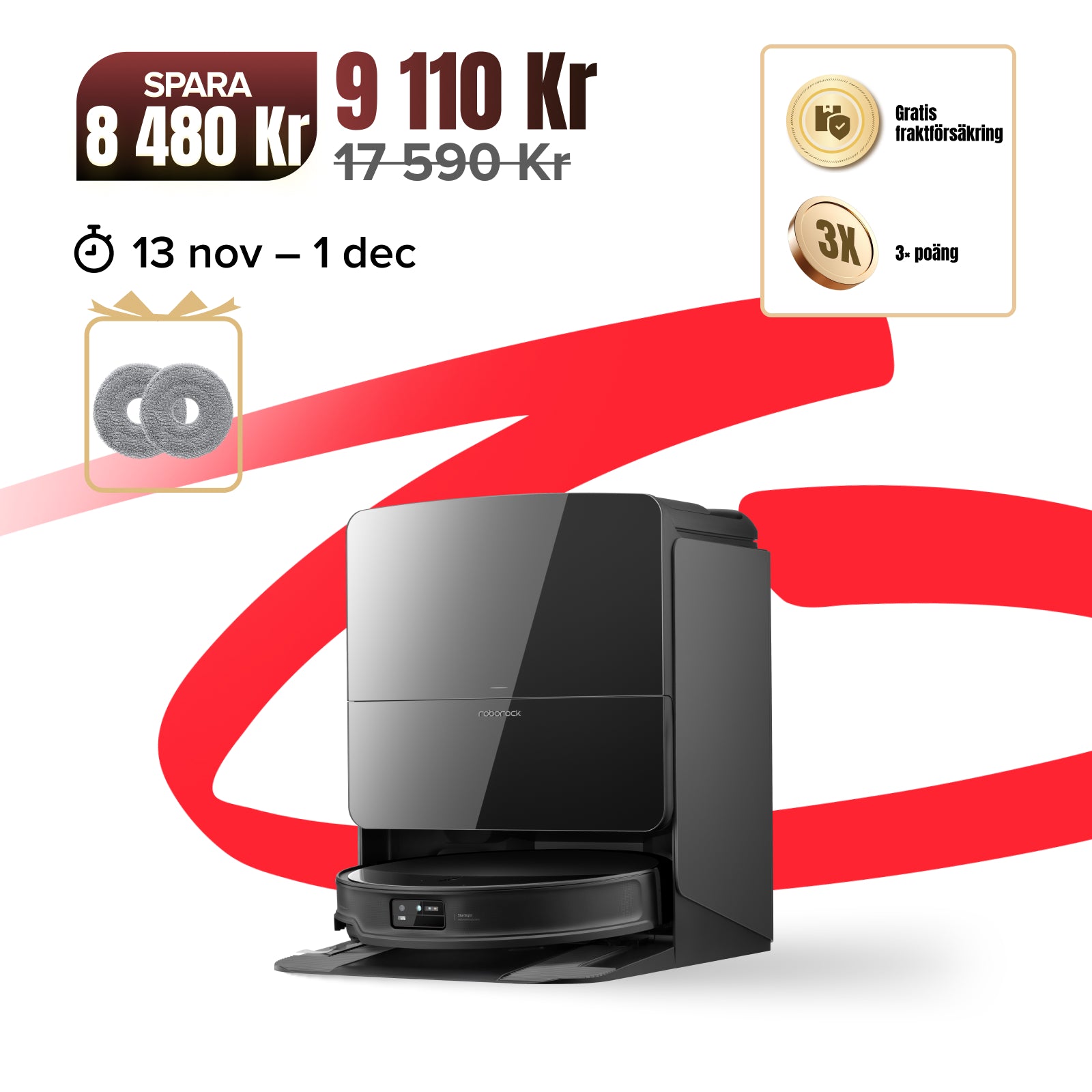 Roborock Saros 10R robotdammsugare-set med multifunktionell laddningsstation 4.0 (inkluderar 2 extra antibakteriella roterande moppar)